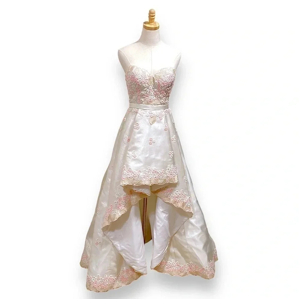 Zoey Grey Floral Appliqué Pink Cream Cherry Blossom Strapless Wedding Gown 6